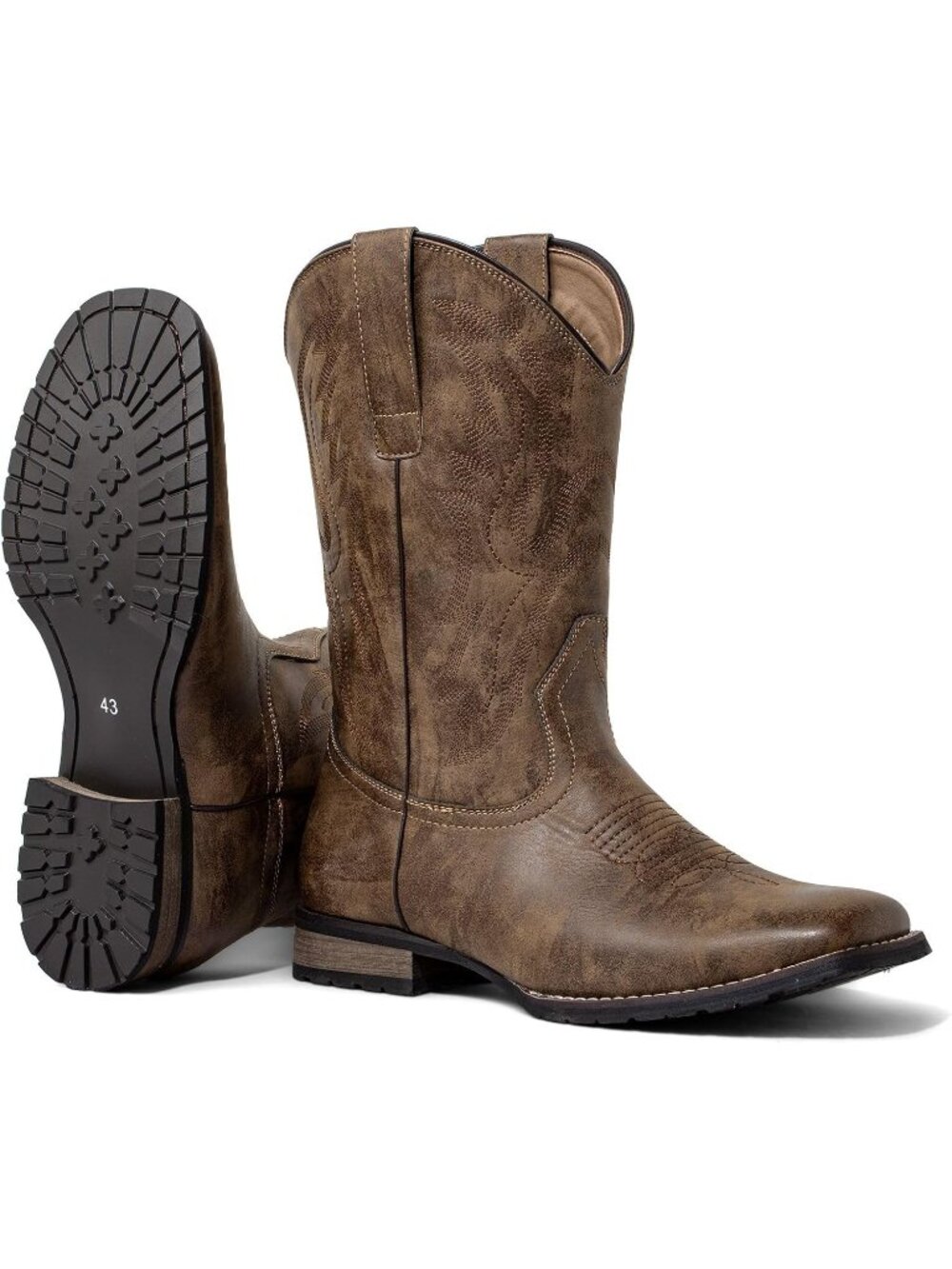 Men’s Brown Square Toe Cowboy Boots Western Pull On Boots
